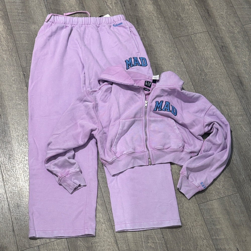 GAP Lilac Zip Hoodie & Sweatpants Set with Blue 'MAD' Embroidery